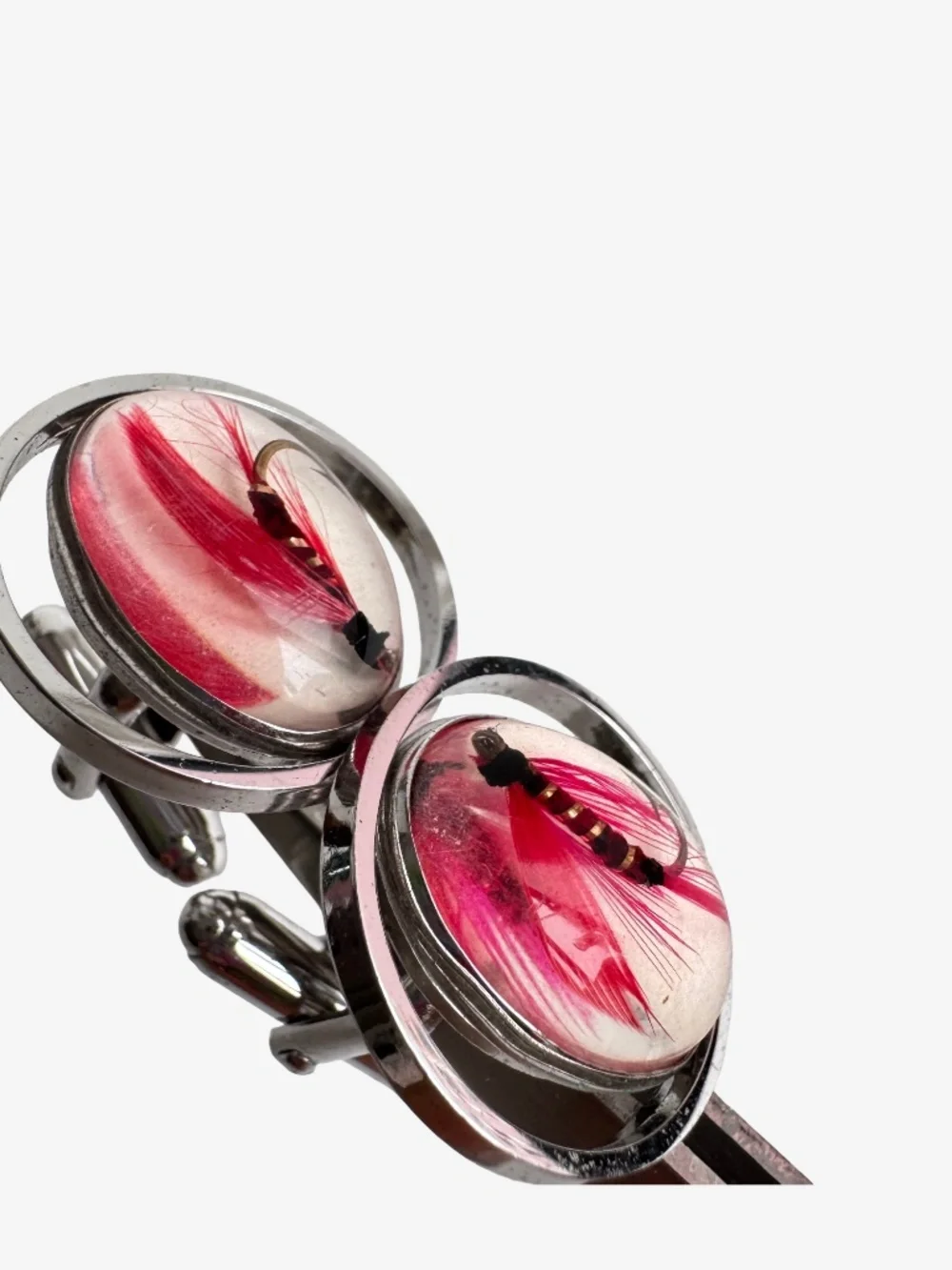 Vintage Anson Fly Fishing Lure Cufflinks Red Feather Hook Silver Tone Dome Mens